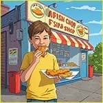 Boy eating chips, ethanoic acid is found in vinegar.